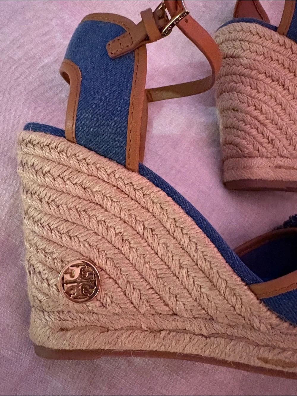 Tory Burch Navy Denim Espadrille Wedge Sandals with Pom Detail